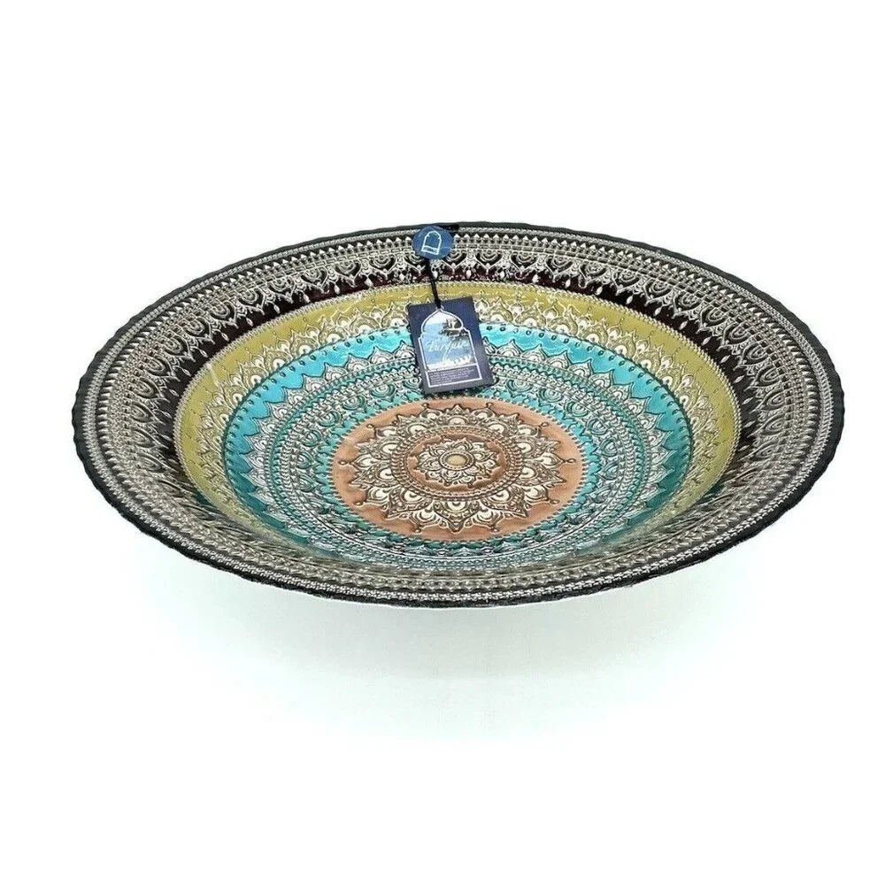 Turkish Glass Round Bowl Dinner Display Multi Color Oriental Lace 16” W XL